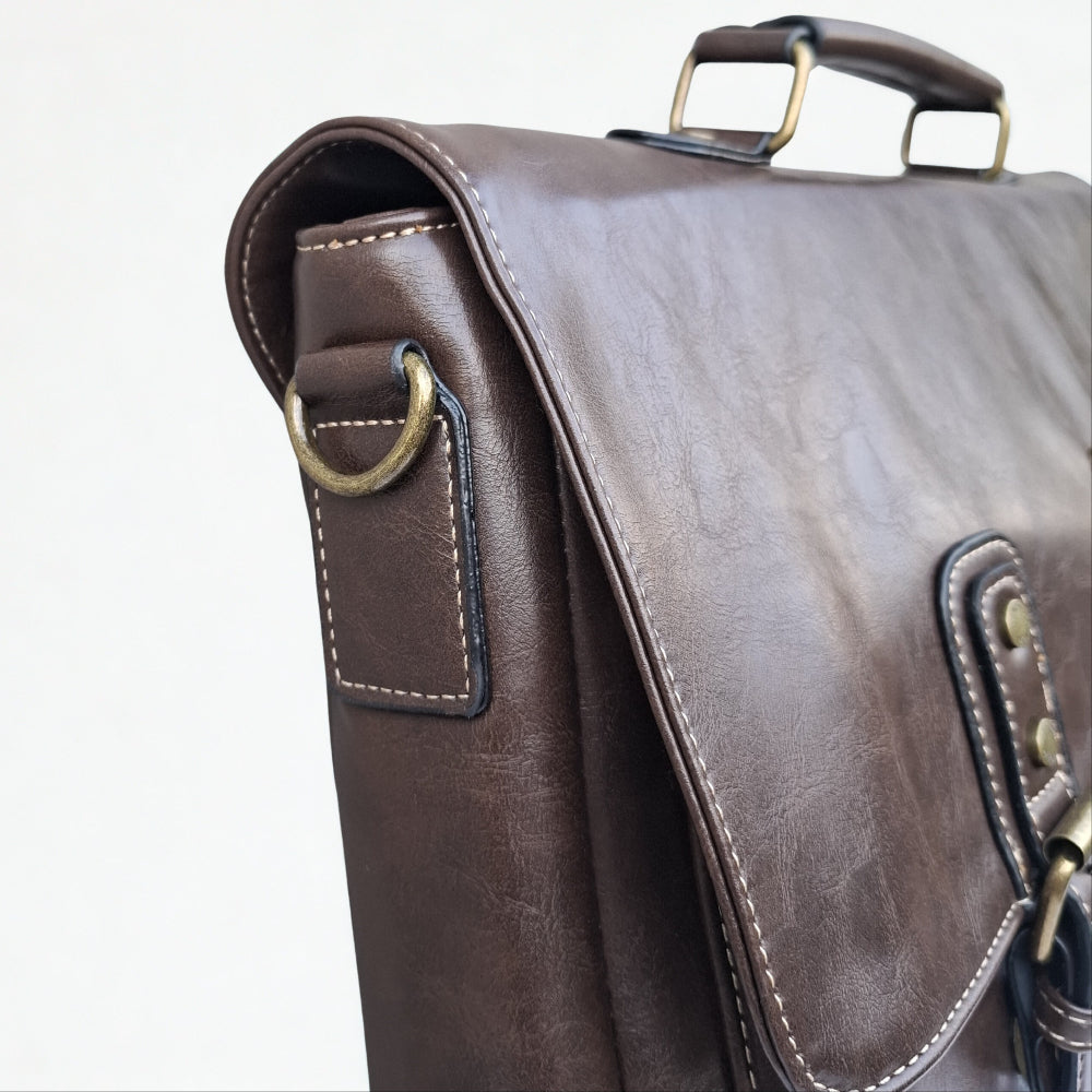 Cotton Road Laptop Bag: Large COFFEE PU Leather Laptop Bag with handle and STRAP detailing