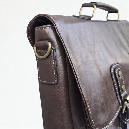 Cotton Road Laptop Bag: Large COFFEE PU Leather Laptop Bag with handle and STRAP detailing