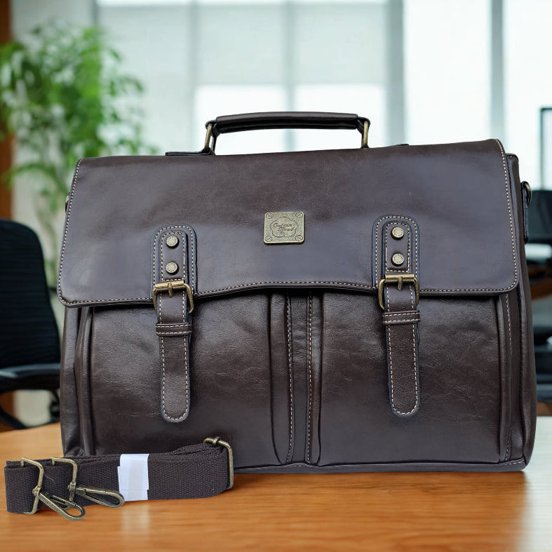 Cotton Road Laptop Bag: Large COFFEE PU Leather Laptop Bag with handle and STRAP detailing