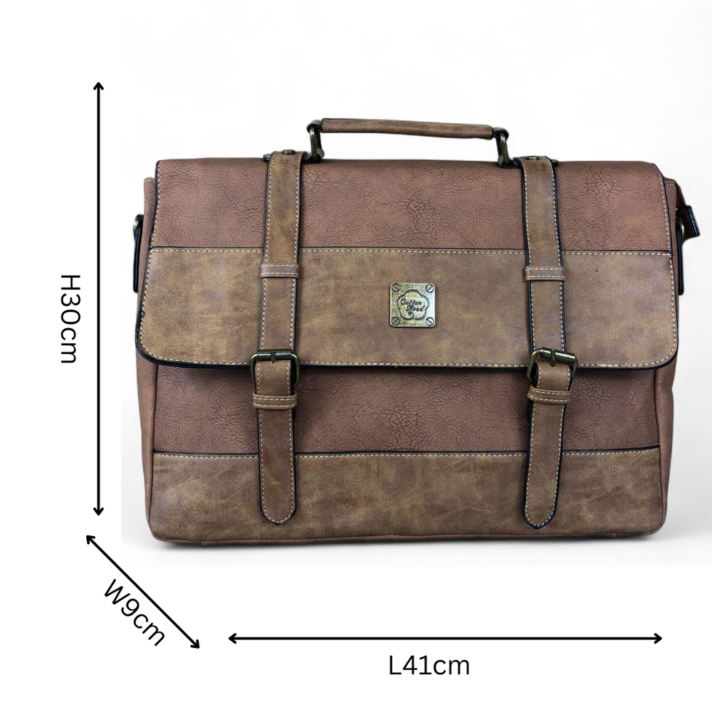 Cotton Road Laptop Bag: BROWN PU Leather 15'6 Laptop Bag with STRAP detailing