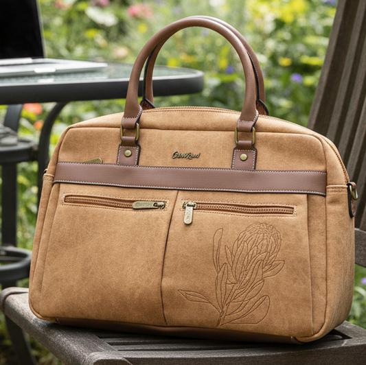 Cotton Road Laptop Bag: BROWN PU Leather Laptop Bag with Embossed Protea