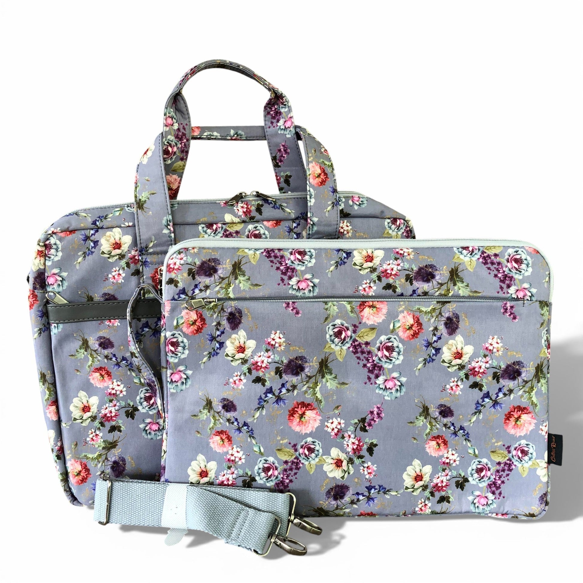 Cotton Road grey canvas laptop bag and matching sleeve front view with sling