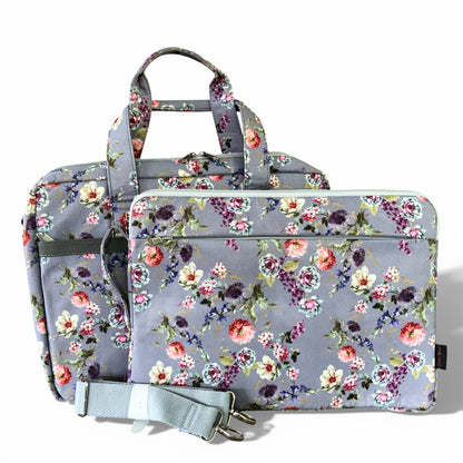 Cotton Road grey canvas laptop bag and matching sleeve front view with sling