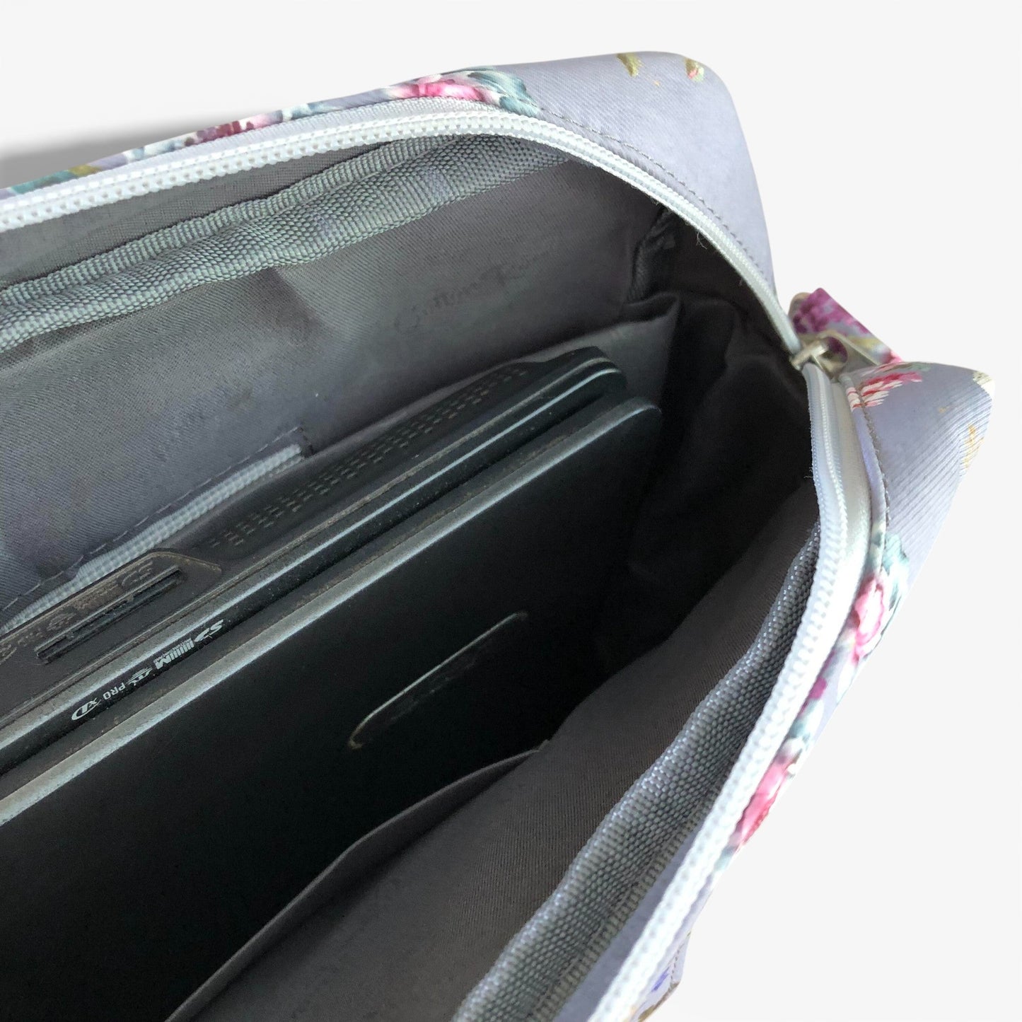 Cotton Road grey canvas laptop bag and matching sleeve zipped open