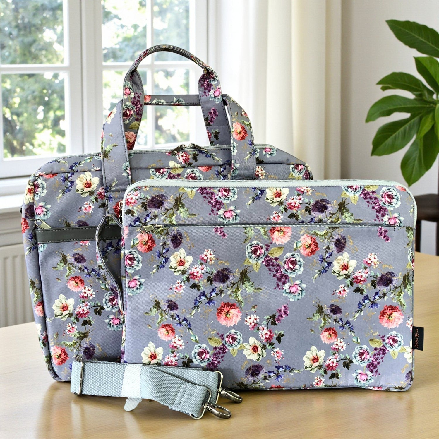 Cotton Road grey canvas laptop bag and matching sleeve front view