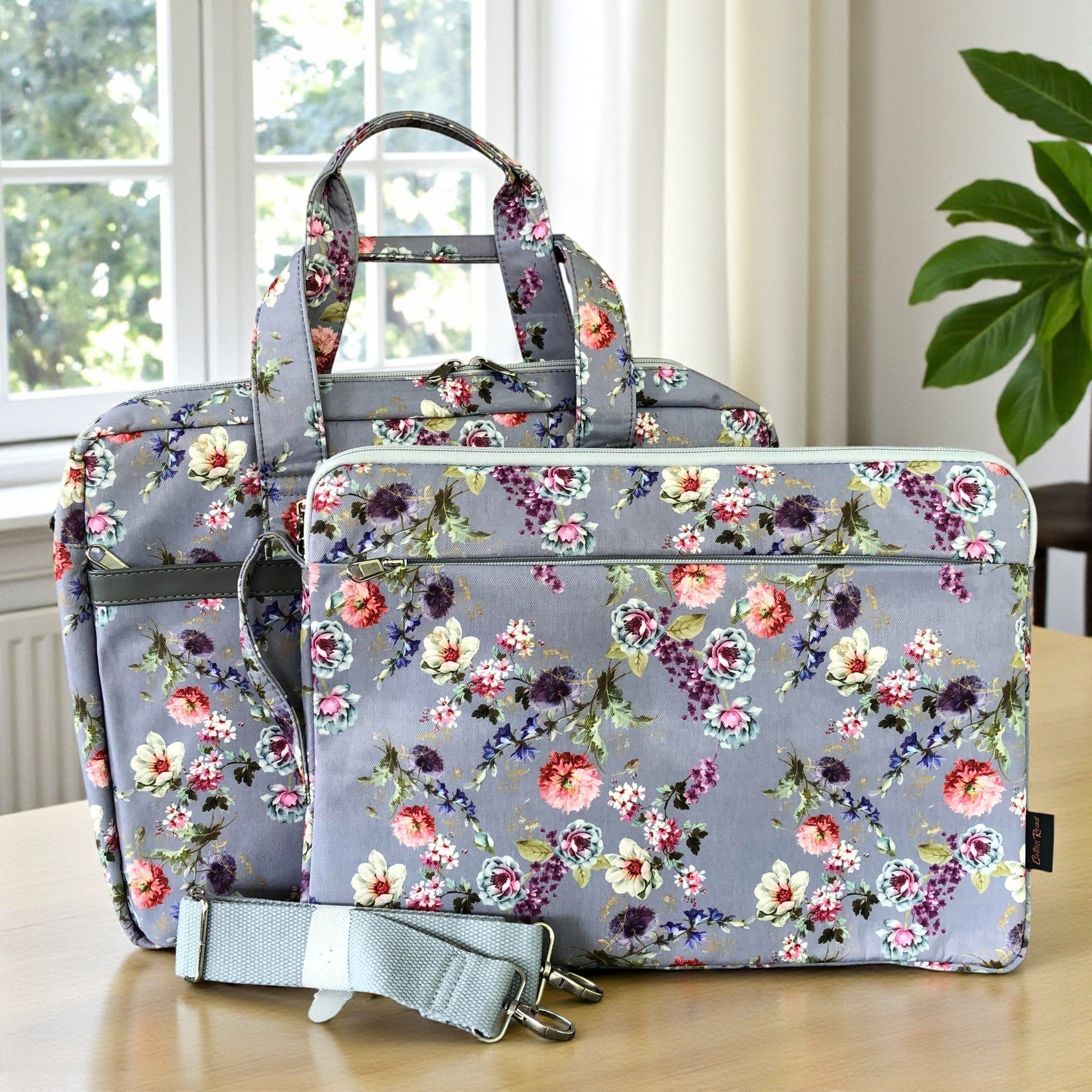 Cotton Road grey canvas laptop bag and matching sleeve front view