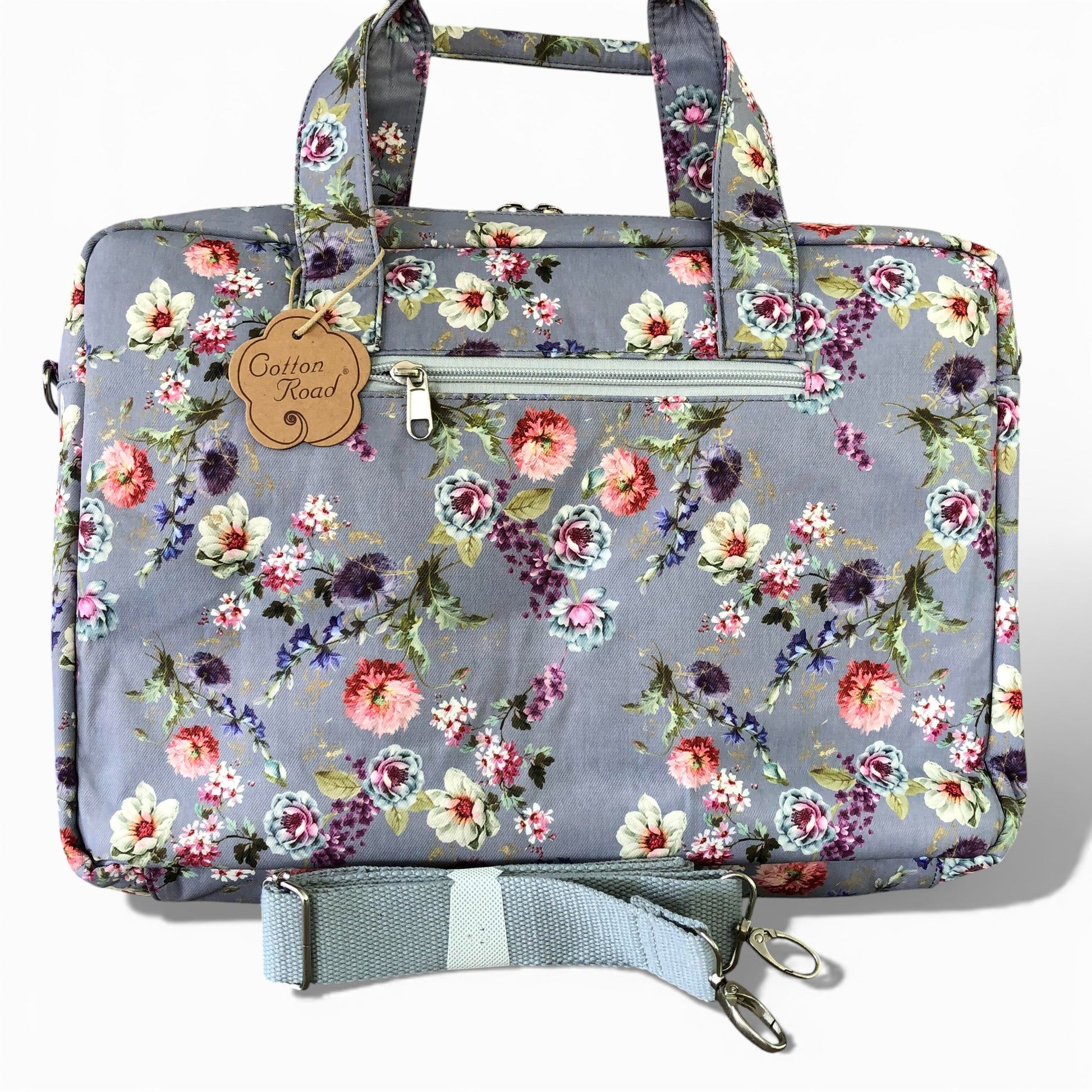 Cotton Road grey canvas laptop bag front view with tags