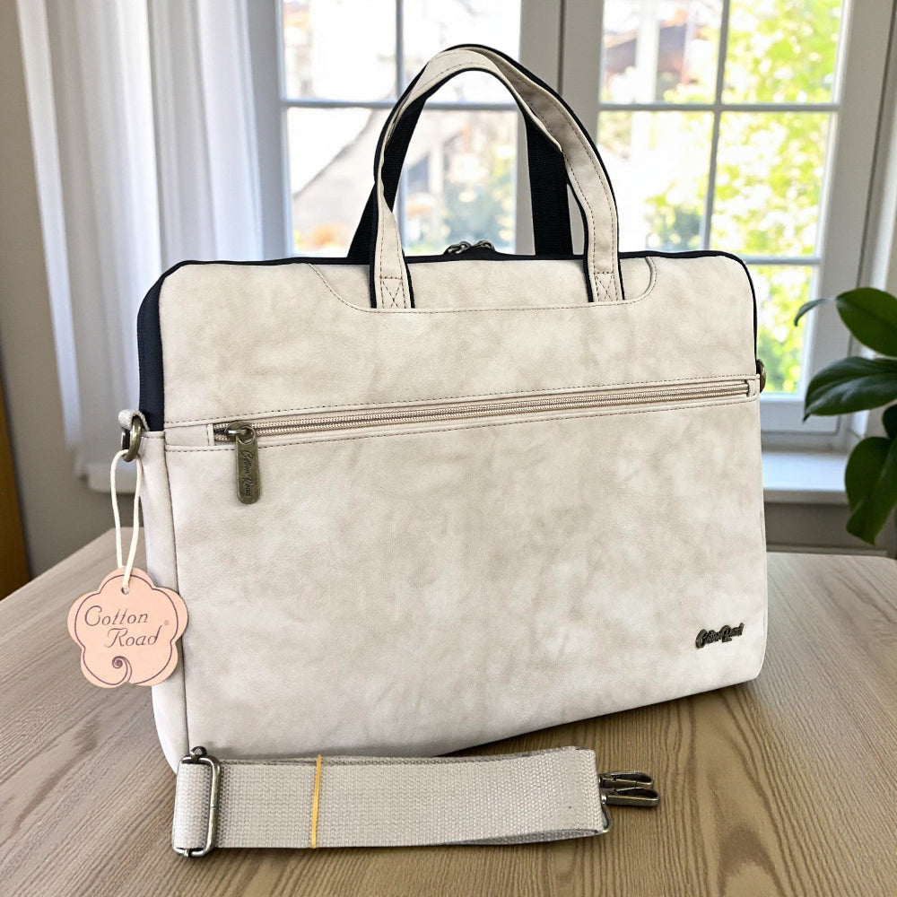 Cotton Road Laptop Bag: KHAKI PU Leather 15'6 Padded Laptop Bag / Carry Sleeve