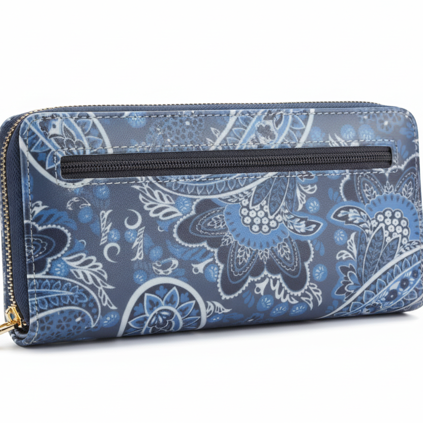 Cotton Road Wallet: Large BLUE PAISLEY PVC Cellphone Sling Wallet
