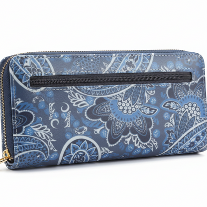 Cotton Road Wallet: Large BLUE PAISLEY PVC Cellphone Sling Wallet