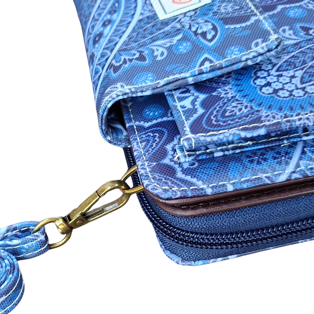 Cotton Road Sling Wallet: BLUE PVC Horizontal Cellphone Sling with Paisley Print and Tab Closure CLASP