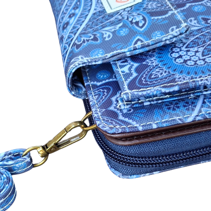 Cotton Road Sling Wallet: BLUE PVC Horizontal Cellphone Sling with Paisley Print and Tab Closure CLASP