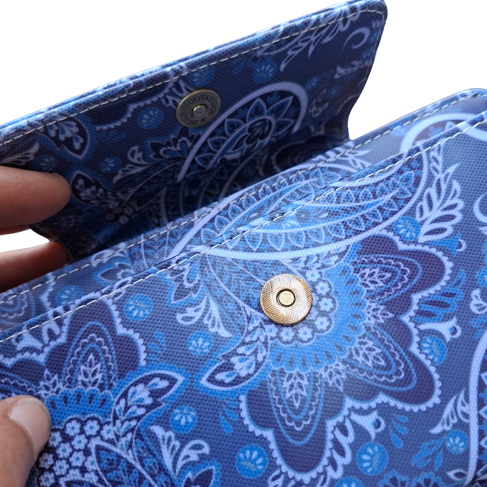 Cotton Road Sling Wallet: BLUE PVC Horizontal Cellphone Sling with Paisley Print and Tab Closure CLIP
