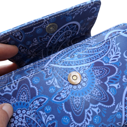 Cotton Road Sling Wallet: BLUE PVC Horizontal Cellphone Sling with Paisley Print and Tab Closure CLIP