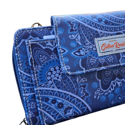 Cotton Road Sling Wallet: BLUE PVC Horizontal Cellphone Sling with Paisley Print and Tab Closure