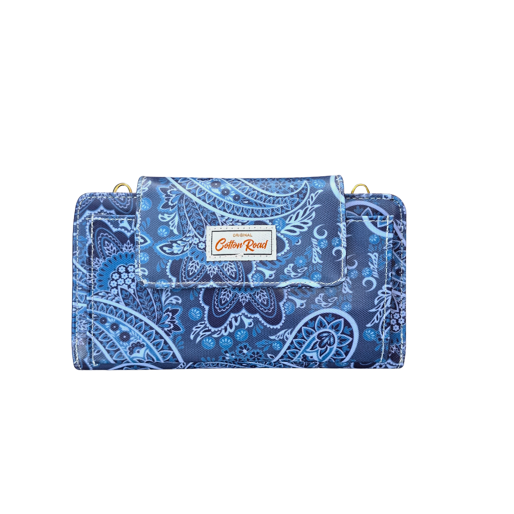 Cotton Road Sling Wallet: BLUE PVC Horizontal Cellphone Sling with Paisley Print and Tab Closure FRONT