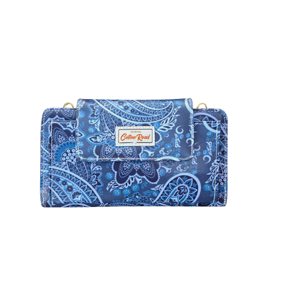 Cotton Road Sling Wallet: BLUE PVC Horizontal Cellphone Sling with Paisley Print and Tab Closure FRONT