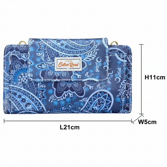 Cotton Road Sling Wallet: BLUE PVC Horizontal Cellphone Sling with Paisley Print and Tab Closure SIZED
