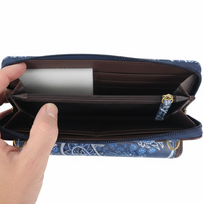 Cotton Road Wallet: Large BLUE PAISLEY PVC Cellphone Sling Wallet