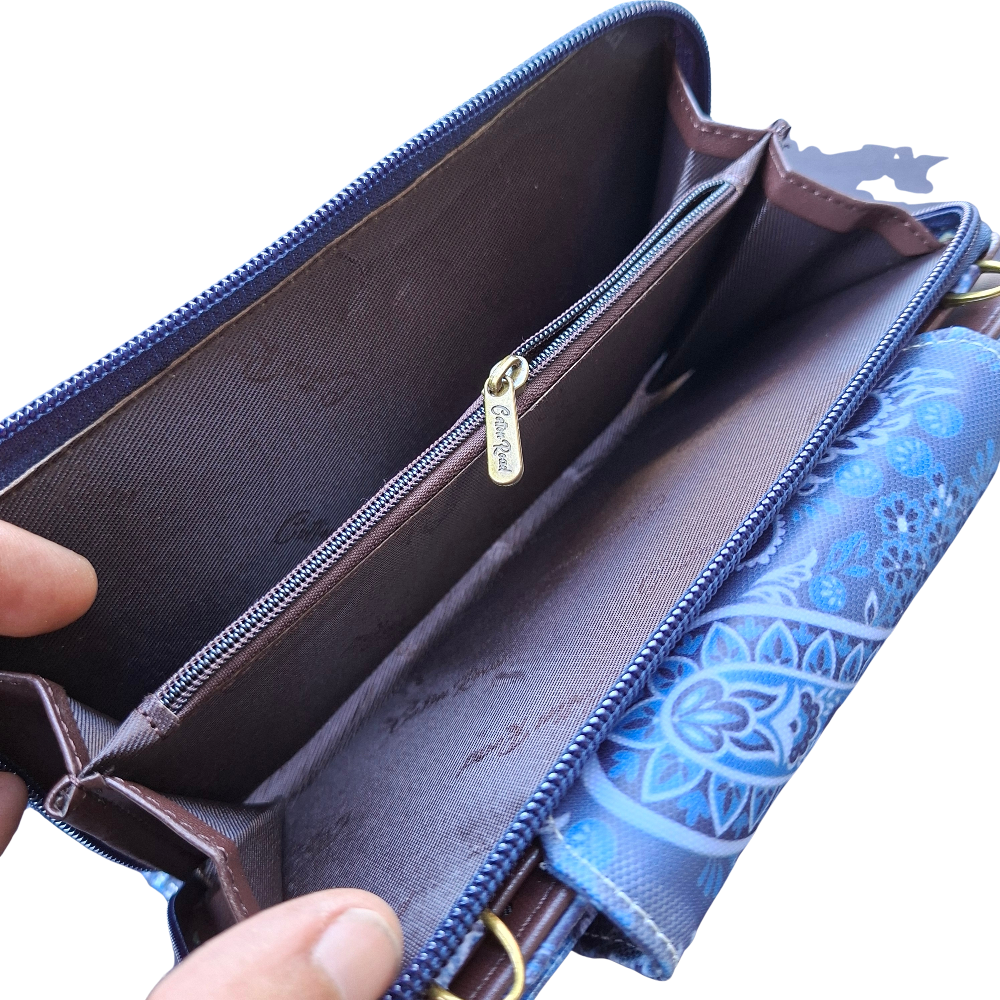 Cotton Road Sling Wallet: BLUE PVC Horizontal Cellphone Sling with Paisley Print and Tab Closure COIN POCKET