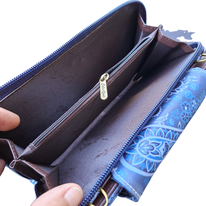 Cotton Road Sling Wallet: BLUE PVC Horizontal Cellphone Sling with Paisley Print and Tab Closure COIN POCKET