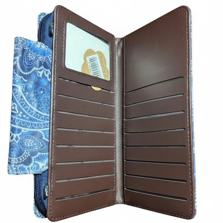 Cotton Road Wallet: Large BLUE PAISLEY PVC Cellphone Sling Wallet