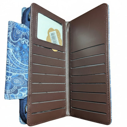 Cotton Road Wallet: Large BLUE PAISLEY PVC Cellphone Sling Wallet