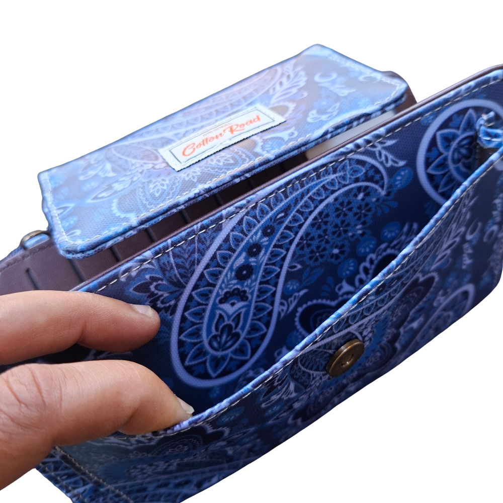 Cotton Road Sling Wallet: BLUE PVC Horizontal Cellphone Sling with Paisley Print and Tab Closure