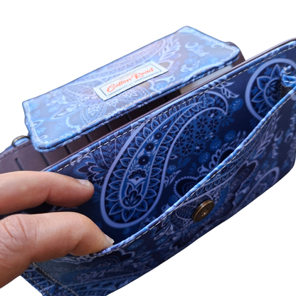 Cotton Road Sling Wallet: BLUE PVC Horizontal Cellphone Sling with Paisley Print and Tab Closure