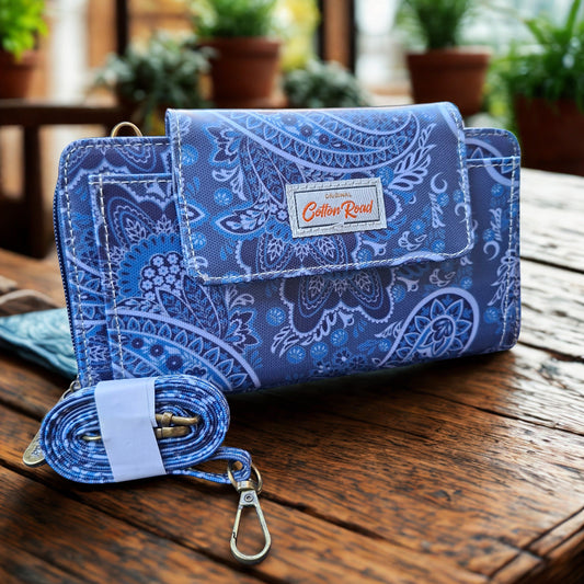 Cotton Road Sling Wallet: BLUE PVC Horizontal Cellphone Sling with Paisley Print and Tab Closure