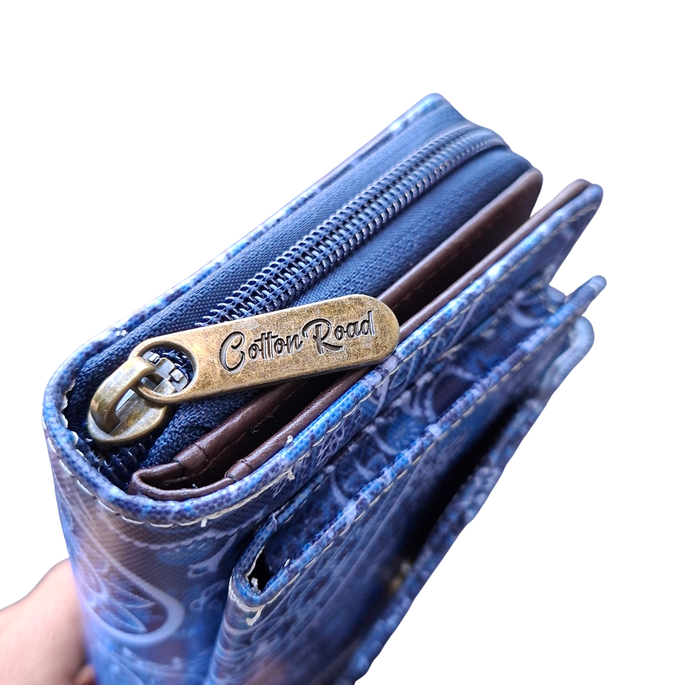 Cotton Road Sling Wallet: BLUE PVC Horizontal Cellphone Sling with Paisley Print and Tab Closure SIDE ZIPS