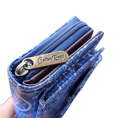 Cotton Road Sling Wallet: BLUE PVC Horizontal Cellphone Sling with Paisley Print and Tab Closure SIDE ZIPS