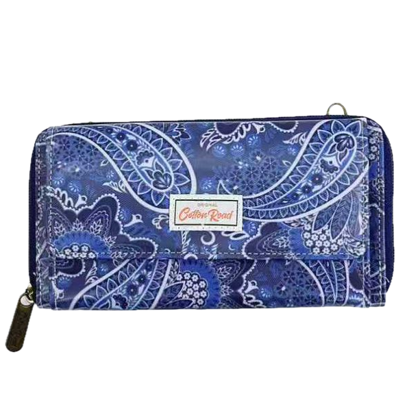 Cotton Road Wallet: Large BLUE PAISLEY PVC Cellphone Sling Wallet