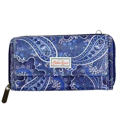 Cotton Road Wallet: Large BLUE PAISLEY PVC Cellphone Sling Wallet