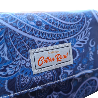 Cotton Road Sling Wallet: BLUE PVC Horizontal Cellphone Sling with Paisley Print and Tab Closure BRANDED