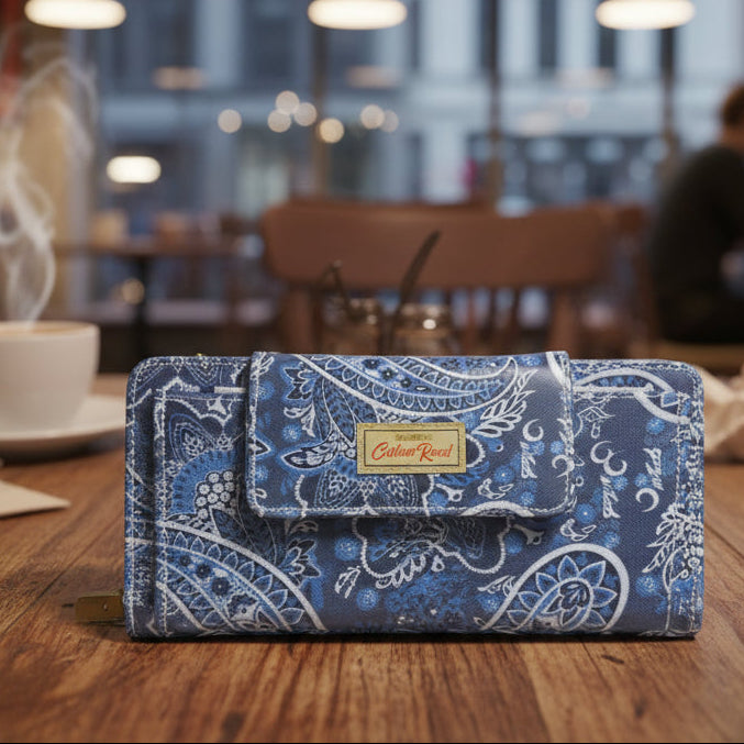 Cotton Road Wallet: Large BLUE PAISLEY PVC Cellphone Sling Wallet