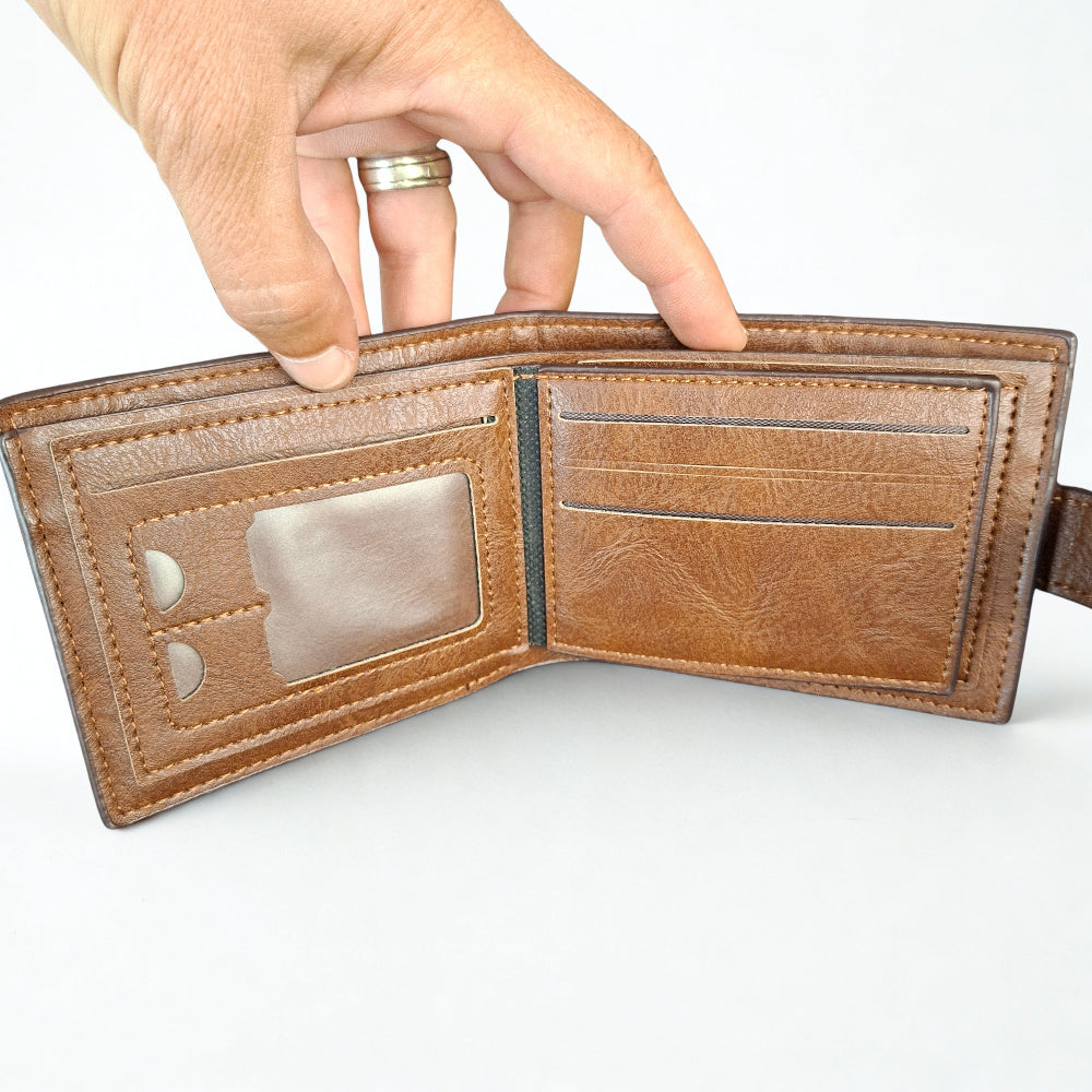 Cotton Road Men's Wallet: KHAKI /TAN WALLET WITH CLIP ID DISPLAY WINDOW