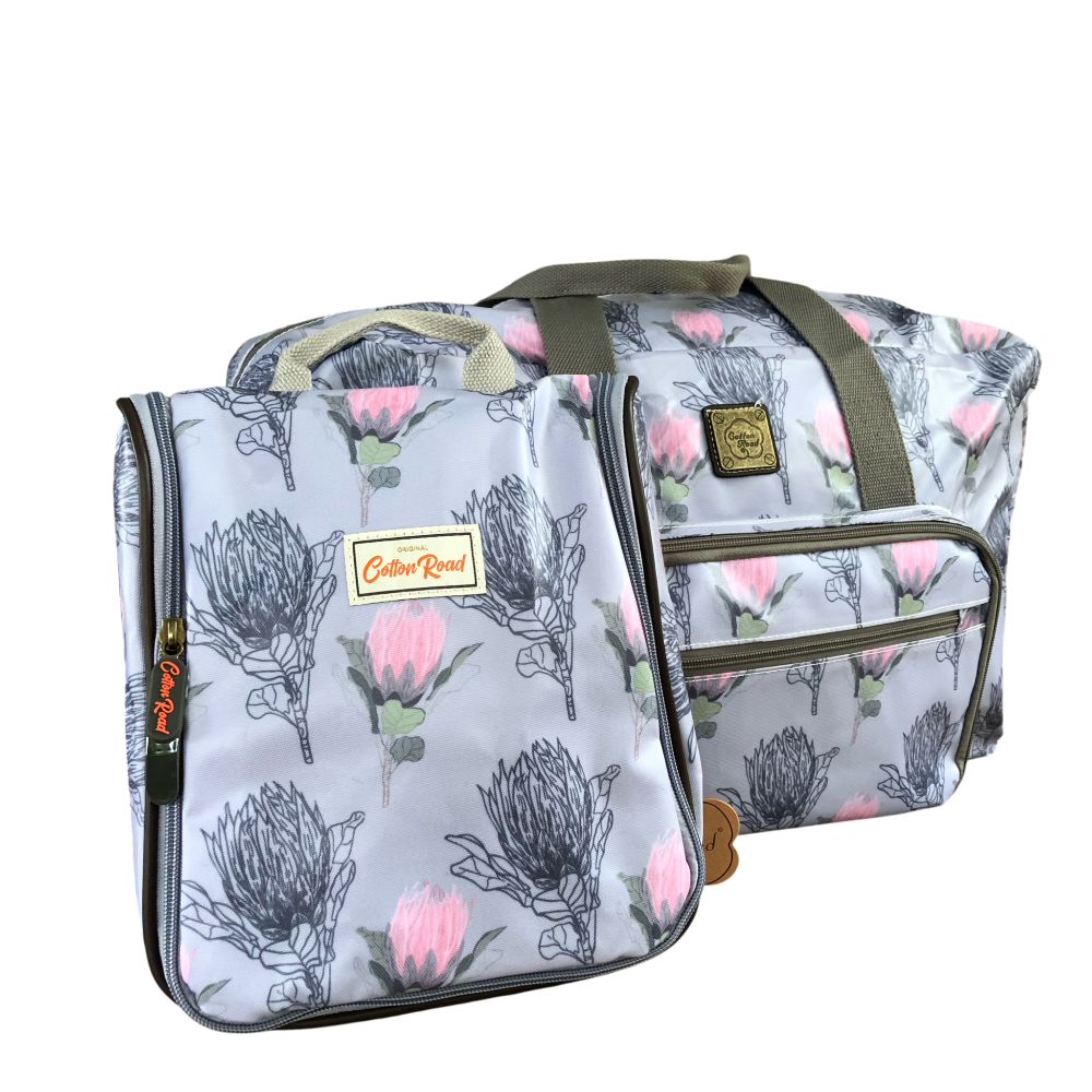 Cotton Road Matching Combo weekender and vanity bag with protea floral print