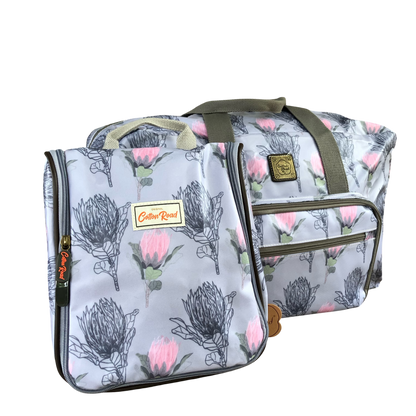 Cotton Road Matching Combo weekender and vanity bag with protea floral print