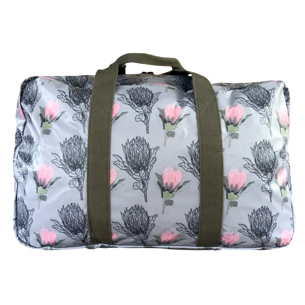 Cotton Road Matching Combo travel set with protea floral print weekender and vanity bag PACKAGED