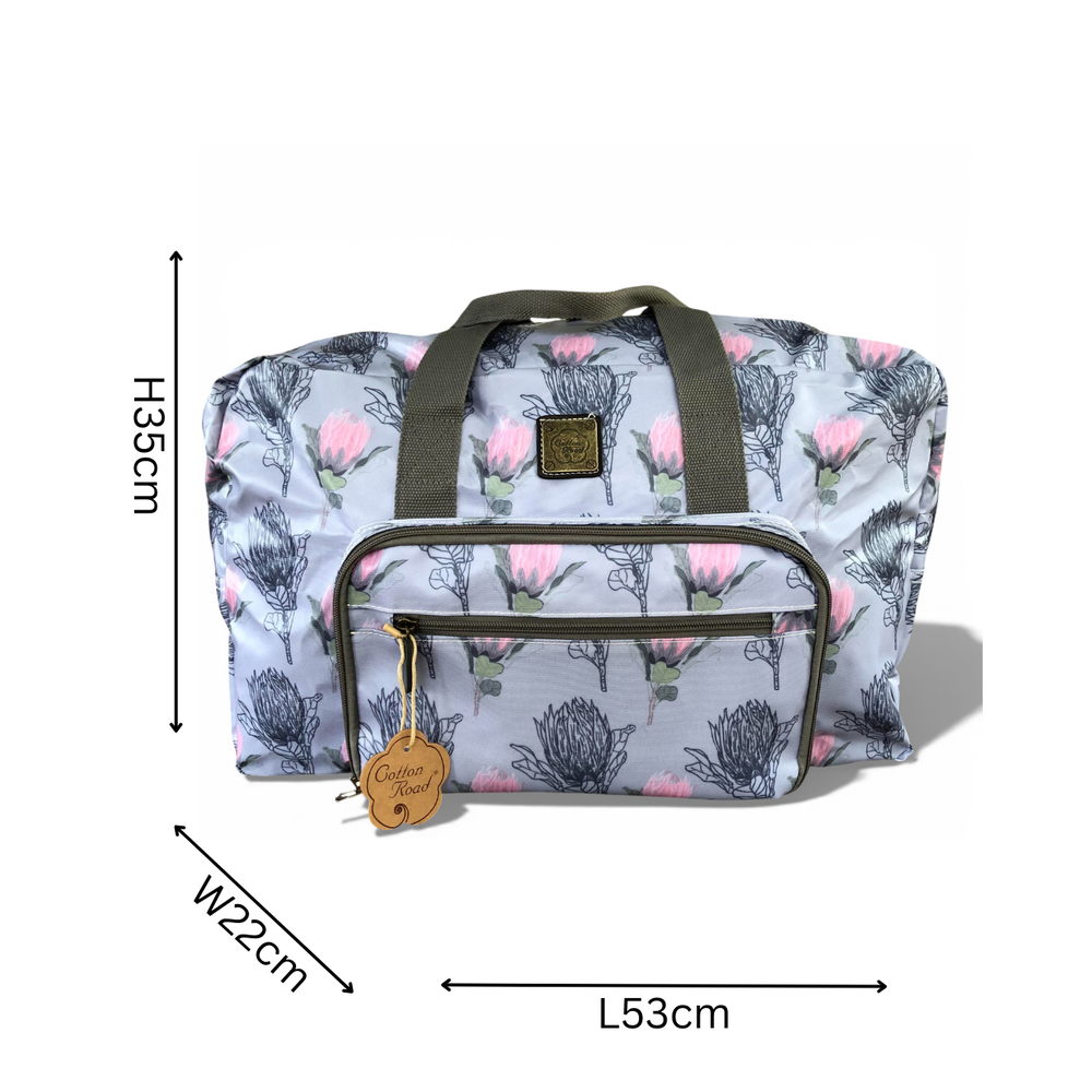 Cotton Road Travel Bag: BLUE PVC Foldaway WEEKENDER Travel Bag with PROTEA Design SIZED