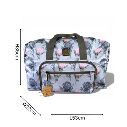 Cotton Road Travel Bag: BLUE PVC Foldaway WEEKENDER Travel Bag with PROTEA Design SIZED