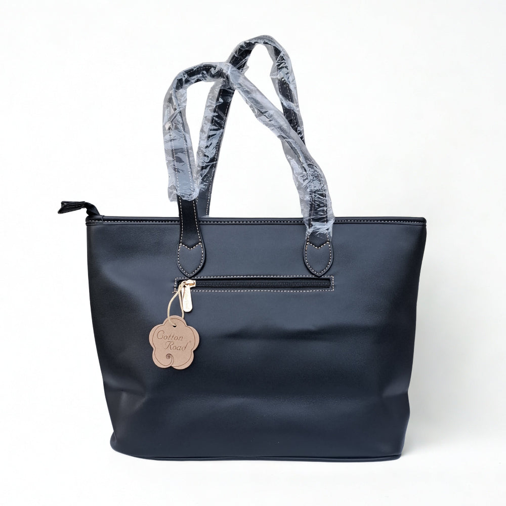 Cotton Road Shopper Bag: LARGE BLACK FLORAL PU Leather Bag with couchette