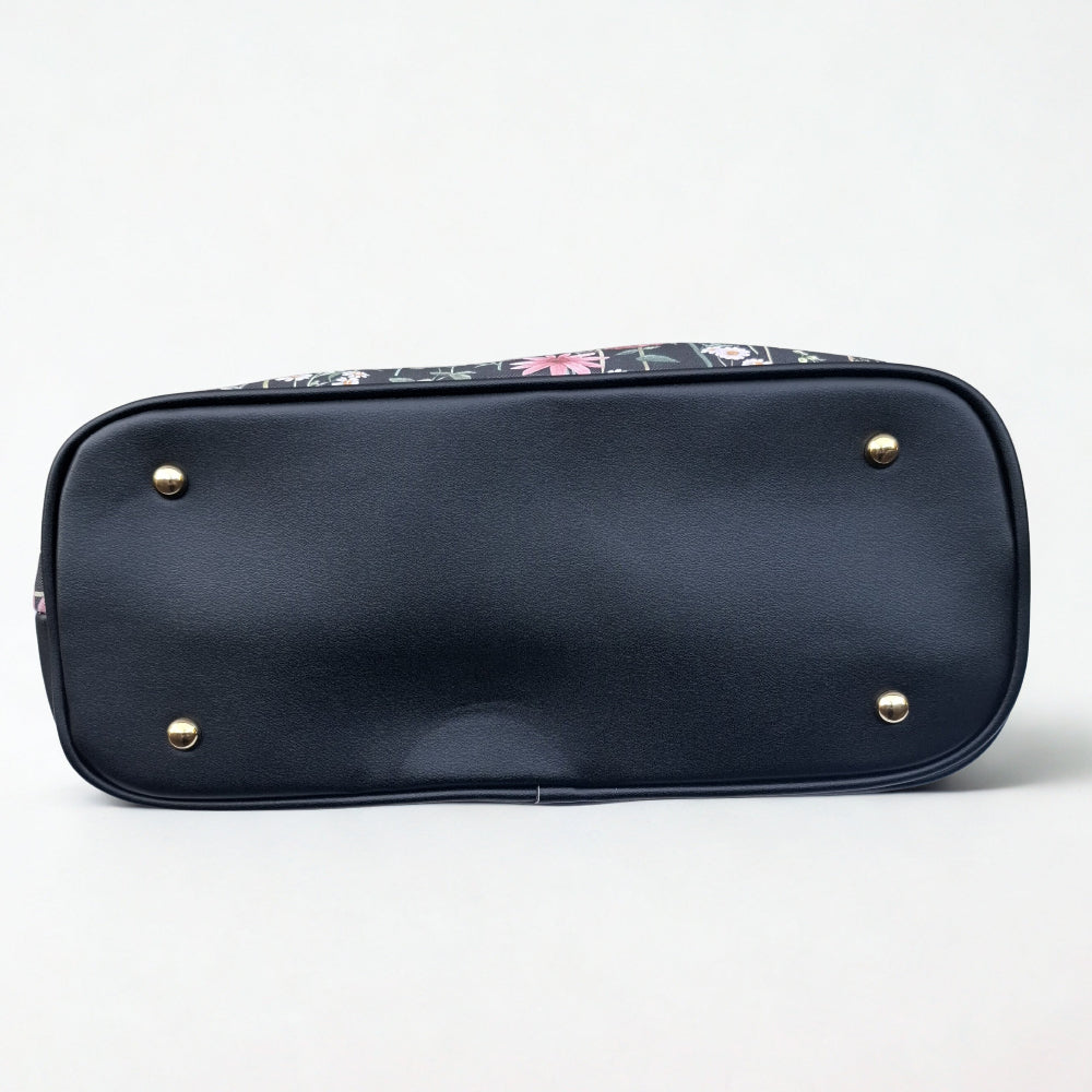 Cotton Road Shopper Bag: LARGE BLACK FLORAL PU Leather Bag with couchette