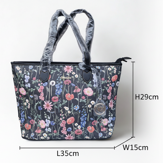 Cotton Road HandBag: LARGE BLACK FLORAL PU Leather Tote Bag with COUCHETTE