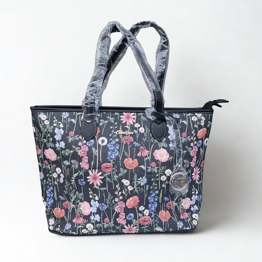Cotton Road Shopper Bag: LARGE BLACK FLORAL PU Leather Bag with couchette