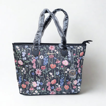 Cotton Road Shopper Bag: LARGE BLACK FLORAL PU Leather Bag with couchette