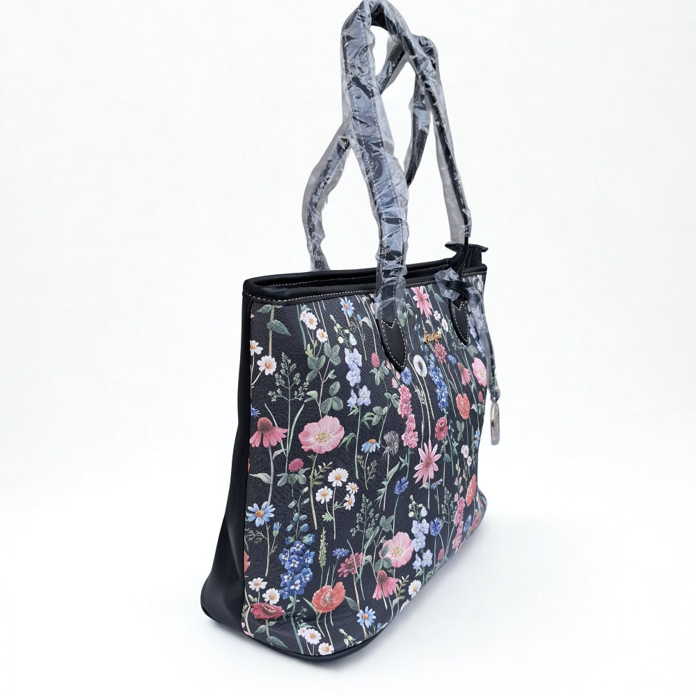 Cotton Road Shopper Bag: LARGE BLACK FLORAL PU Leather Bag with couchette