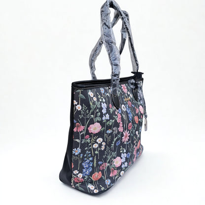 Cotton Road Shopper Bag: LARGE BLACK FLORAL PU Leather Bag with couchette