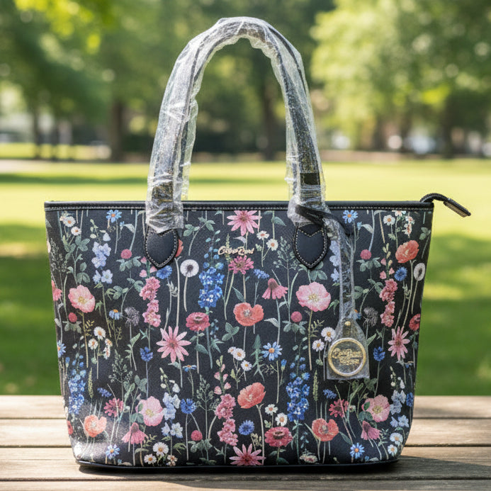 Cotton Road Shopper Bag: LARGE BLACK FLORAL PU Leather Bag with couchette